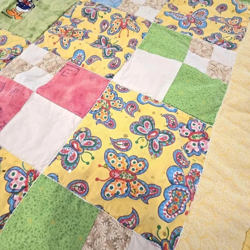 Vintage 70s 80s Handmade Baby Quilt Donald Duck Butterfly Patchwork 33x44